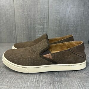 Olukai Pehuea Embossed Snake Skin Print Beige Leather Slip On Shoes US Women's 8